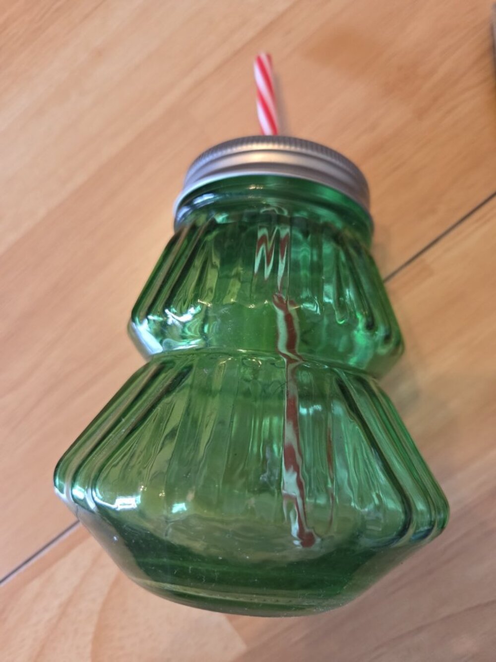 Holiday Time Green Christmas Tree Glass Cup w/ Lid & Red & White Striped Straw